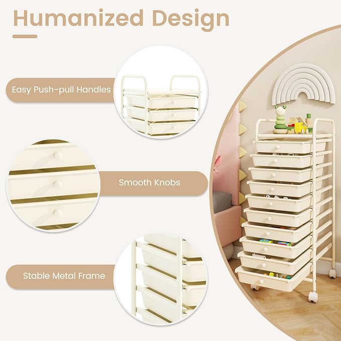 LDAILY 10 Drawer Rolling Storage Cart, Craft Organizer on Wheels, Drawer Cart with Metal Frame & Large Storage Capacity, Rolling Cart with Drawers for Living Room Classroom, Office