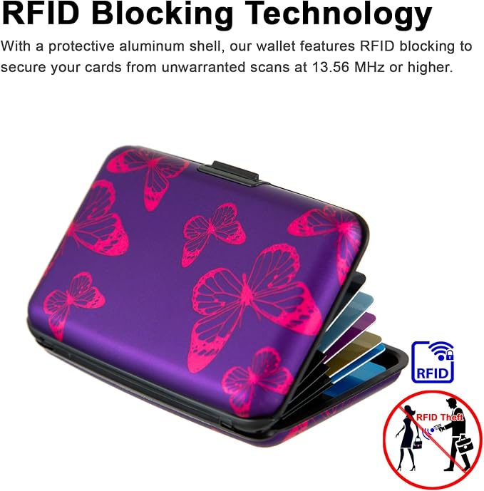 Credit Card Holder, Metal Card Wallet RFID Blocking Mini Slim Aluminum Business Hard Card Case for Women Men (Purple Butterfly)