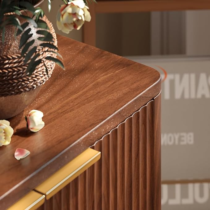 Evermagin 67" Fluted Walnut Buffet Cabinet with Storage | Mid-Century Modern Wood Sideboard, Large Credenza With 6 Doors for Kitchen or Living Room, 67"W x 31.5"H x 15.7"D