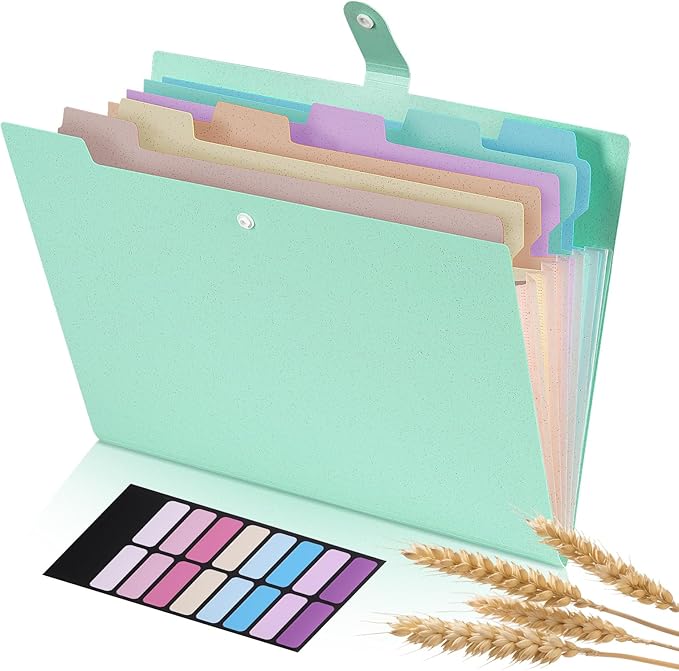 Agoer Accordion File Organizer with 7 Pockets,Eco-Friendly Wheat Straw Expanding File Folder,A4/Letter Size Portable Document Folder with Labels and Snap Closure for School Office College Supplies