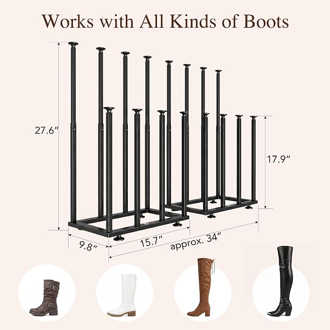 Adjustable Height Boot Rack, Metal Free Standing Shoe Storage Shelf | Cowboy Boots Organizer, Narrow Space-Saving Tall Boot Holder, for Closet Entryway Garage Bedroom, Outdoor, Apartment, 8 Pairs