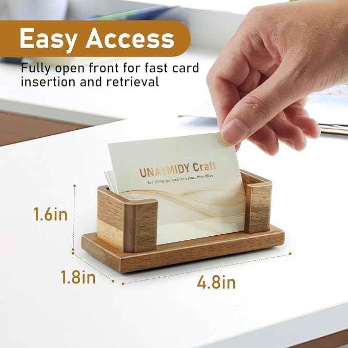 Business Card Holder for Desk, Acacia Wood Desktop Name Card Display Stand & Office Desk Accessories for Office Home Tabletop Exhibition
