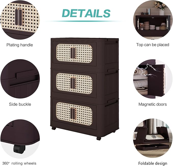 5 Tiers Folding Storage Cabinet,20" Side Wide Stackable Storage Bins with Doors and Wheels, Space Saving Plastic Cabinet for Living Room, Office, Dorm, Retro Brown