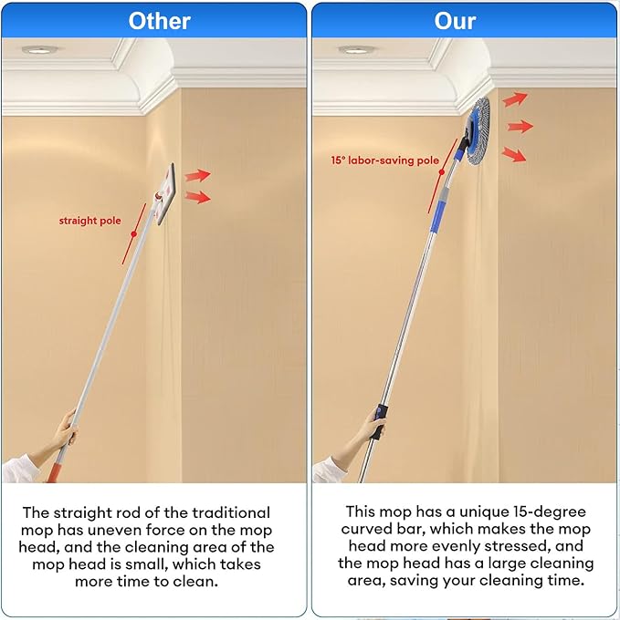 Wall Cleaner, Max 66'' Wall Mop with Long Handle, Ceiling Dust Mop with 15° Labor-Saving Elbow Extension Pole, Baseboard Duster Washer Scrubber, High Reach Window Cleaning Brush, Roof Cleaning Tool-GY