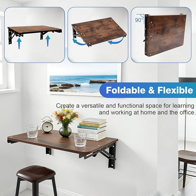 Folding Wall Desk for Small Space, 21.7Inches Wooden Floating Table | Foldable Shelf Wall Mounted for Office Living Room Bedroom, Media Projector Shelves with 2 Heavy-Duty Brackets Holds Up 80lbs