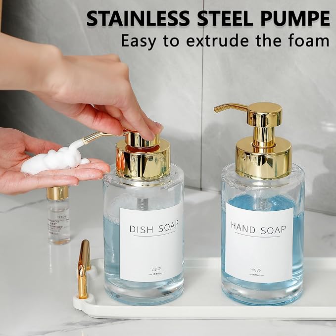 Glass Foaming Soap Dispenser Set with 304 Stainless Steel Pump 12oz 2 Pack | Rust Proof Gold Pump, Sturdy, Clear Empty Foam Bottle with Waterproof Labels for Bathroom Decor Kitchen Colleage Dorm