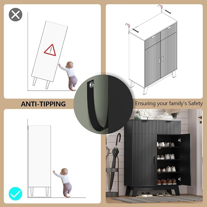 Shoe Cabinet Storage for Entryway with Doors, 4 Tier Fluted Shoe Organizer with 2 Drawers, Entryway Shoe Storage with Adjustable Shelves, Freestanding Hidden Shoe Rack for Front Door Entrance, Black