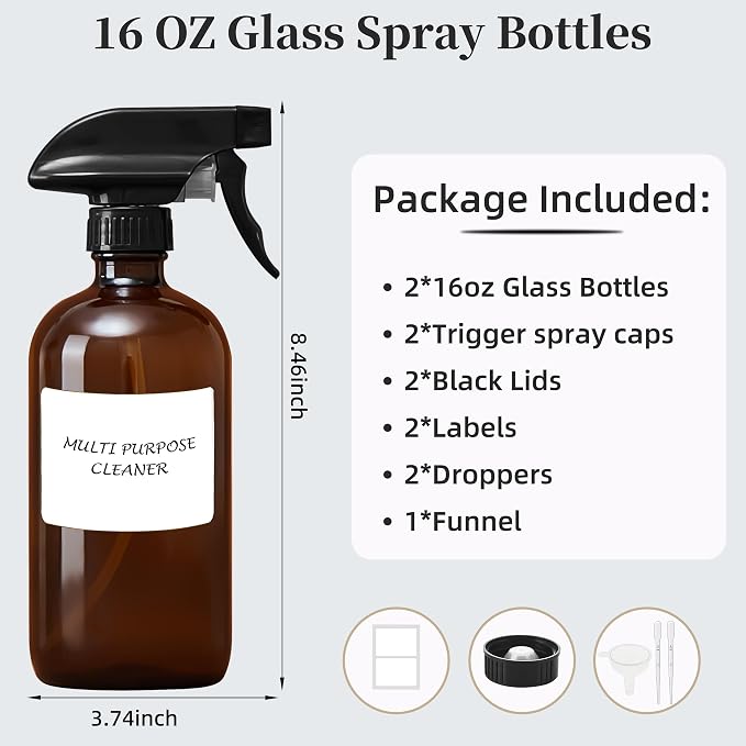 Amber Glass Spray Bottles 16 oz, Adjustable Nozzle, 2 Pack | For Cleaning, Essential Oils, Plants, Hair Mister, Room Sprays