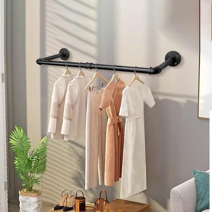 Industrial Iron Pipe Clothes Hanging Bar DIY Wall-Mounted Garment Rack Heavy Duty Clothing Rack for Bedroom, Laundry Room, Closet Storage (Black 24 inch)