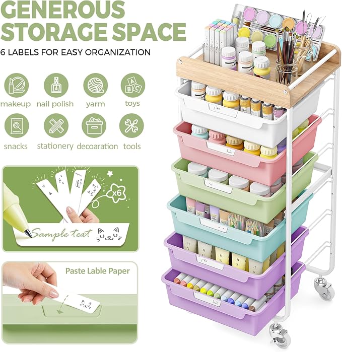 SYKIARIOL Rolling Cart with 6 Drawers, Utility Storage Cart with Labeling Ice Cream Color Drawer for Classroom, Kids Room, Dorm, School, Storage Study Arts Craft Sewing Supplies Organizers