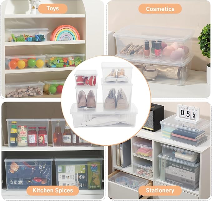 novelinks 12 Pack 6 Quart Clear Plastic Storage Bins with Lids, Shoe Boxes | Shoe Bins, Shoe Containers, Clear Shoe Storage Boxes, Shoe Boxes Clear Plastic Stackable, Craft Organizers and Storage