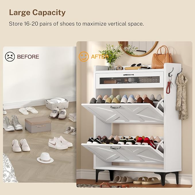 TEENFON Shoe Cabinet with 2 Flip Drawers & Top Drawer, Farmhouse Narrow Shoe Storage Cabinet with Adjustable Shelves & Hooks, Freestanding Hidden Slim Shoe Rack Cabinet for Entryway, Hallway, White