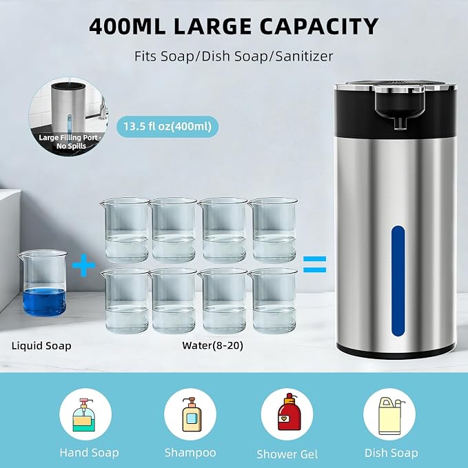 Touchless Automatic Foaming Soap Dispenser for Kitchen, Rechargeable, 13.5oz Large Capacity, Fast Sensor, 4 Adjustable Liquid Levels, Waterproof, Clog-Free Pump(Stainless Steel Foam)