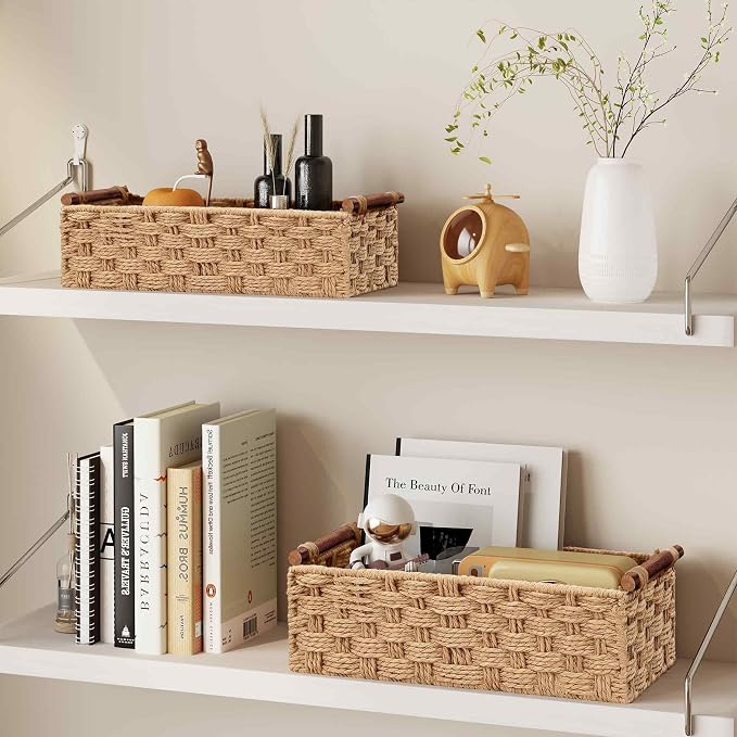 Vagusicc Wicker Storage Basket, Set of 2 Hand-Woven Paper Rope Wicker Basket for Organizing with Handle Decorative Storage Bins for Counter Shelf Table Toilet Paper Basket for Toilet Tank Top, Natural