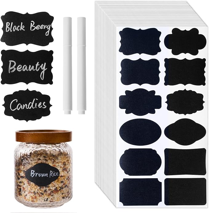 Homrelaxy 360Pcs Chalkboard Labels – 2.1x1.4 Inch Reusable Blackboard Stickers with 2 White Erasable Chalk Markers, 12 Assorted Shapes, for Mason Jars, Food Containers, and Pantry Storage