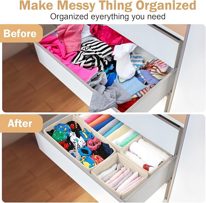 Potchen 24 Set Fabric Dresser Drawer Organizer Bins Dividers for Clothes – Nursery Home Bins Fabric Foldable Closet Clothing Wardrobe Storage Box Container Basket for Bras Socks Underwear(Beige)