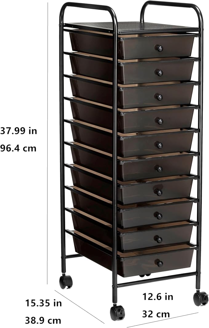 Simply Tidy 10 Drawer Matte Black Rolling Cart - Mobile Organizer with Removable Drawers, Swivel & Locking Casters, Durable Tubular Frame - 1 Set