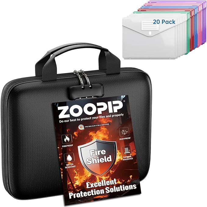 Binder Folders Organizer with 20 Pack Heavyweight Plastic Pockets,Fireproof File Folder Box with Lock,Zipper Binder Bag for Important Documents,Letter Size
