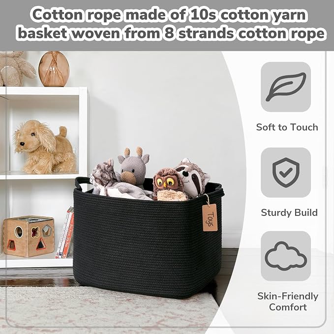 Goodpick Woven Storage Baskets for Organizing, 18" x 14" x 12" Rectangle Blanket Basket with Handles, Nursery Cotton Rope Basket for Living Room, Bedroom, Black