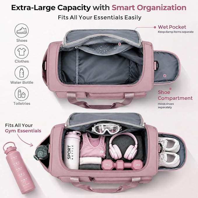 FIORETTO Women's Gym Duffle Bag with Shoes Compartment, 30L Capacity, Ideal for Travel, Gym, Sports, Duffel, Weekender