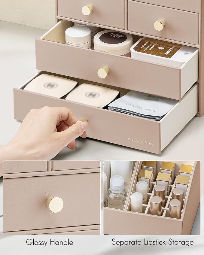 VLANDO Makeup Organizer,Vanity Organizer with Drawers, PU Leather Skincare Organizer Perfume Organizer,Large Cosmetic Display Case for Lipstick,Brushes Gifts for Women, Toffee, 4 Layer