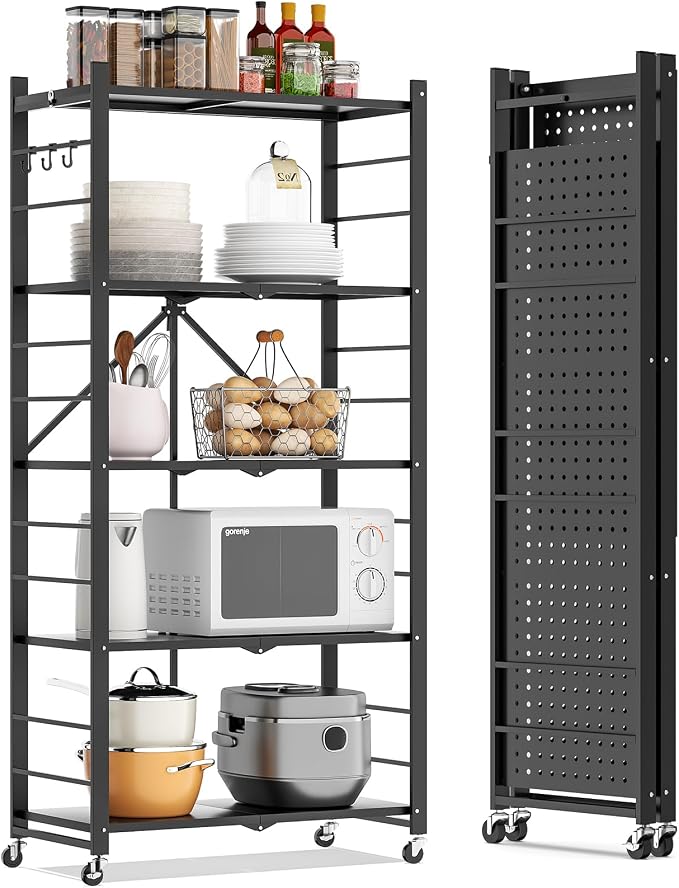 Fenbeli 5 Tier Folding Storage Shelf with Wheels – Heavy Duty Metal Organizer Rack, No Assembly Collapsible Utility Shelving Unit for Garage, Kitchen, Pantry, Basement, Office (Black-A, 5 Tier)