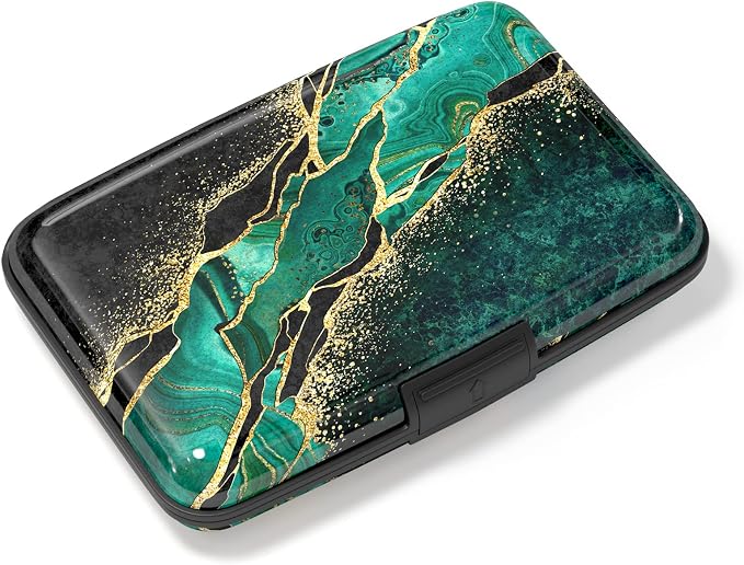 Credit Card Holder, Mini Aluminum Card Wallet RFID Blocking Slim Metal Hard Card Case for Women Men, Green Black Marble