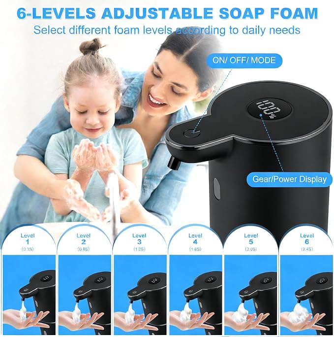 Automatic Soap Dispenser,6-Level Foaming Hand Soap Dispenser,Touchless Dish Soap Dispenser for Kitchen Bathroom,Ipx5 Waterproof,1200mah Rechargeable,12.8oz/380ml,Wall Mount & Countertop