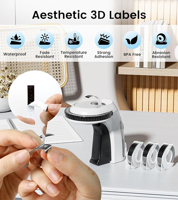 Embossing Label Maker, Vintage Manual Embossed Labeler with 5 Rolls Black 3D Embossing Tapes, Retro Old School Embosser for Scrapbooking, DIY Crafts, Home Classroom Organization, Omega-S Black