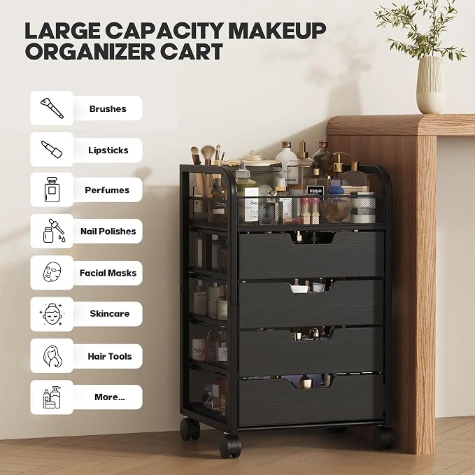 Makeup Organizer Cart with 4 Drawers, Vanity Storage Drawer Carts with Dividers, Nail Cart Organizer Cosmetic Display Cases Cabinet for Skin Care, Nail Polish, Perfume, Black