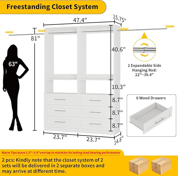 Closet System with 6 Drawers, 4FT-10FT Closet Organizer System, Closet Systems for Walk in Closets with 4 Hanging Rods & 2 Shelves, Modular Custom Closet Organizer Storage System, 2 Sets, White