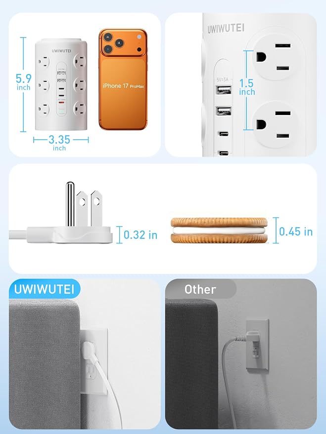 Tower Power Strip with 1 Dedicated PD 20W Fast-Charging Port, 12 Outlets, 5 USB Ports (3 USB-C), Desk Charging Station for Multiple Devices,15FT Extension Cord, Home Office Essentials