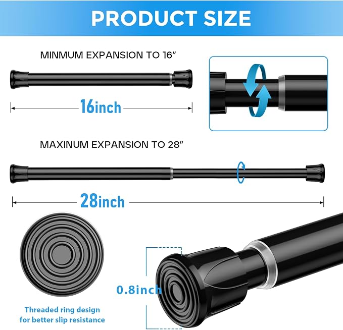 3 Pack Small Tension Rod 18-28inch Black Tension Curtain Rod Adjustable Spring Curtain Rods No Drilling Expandable Pressure Short Curtain Rods for Windows,Closets,Doorway,Kitchen