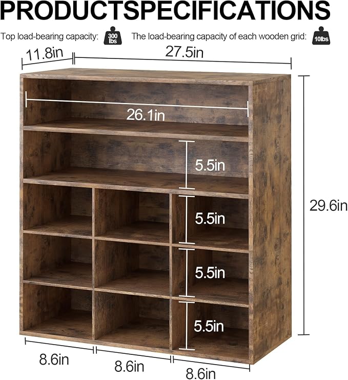 9-Cubby Shoe Rack, Wood Shoe Organizer Bench for Entryway Hallway Closet | Wood