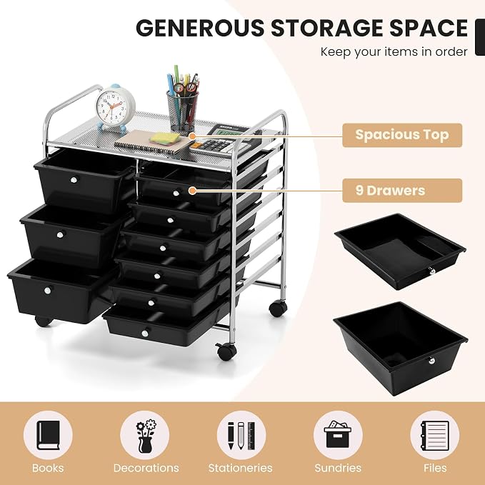 COSTWAY Rolling Storage Cart with 9 Drawer, Utility Cart with Metal Frame | Mobile Art Supply Craft Organizer, Multipurpose Storage Organizer for Paper, Office, School Teacher, Classroom, Black