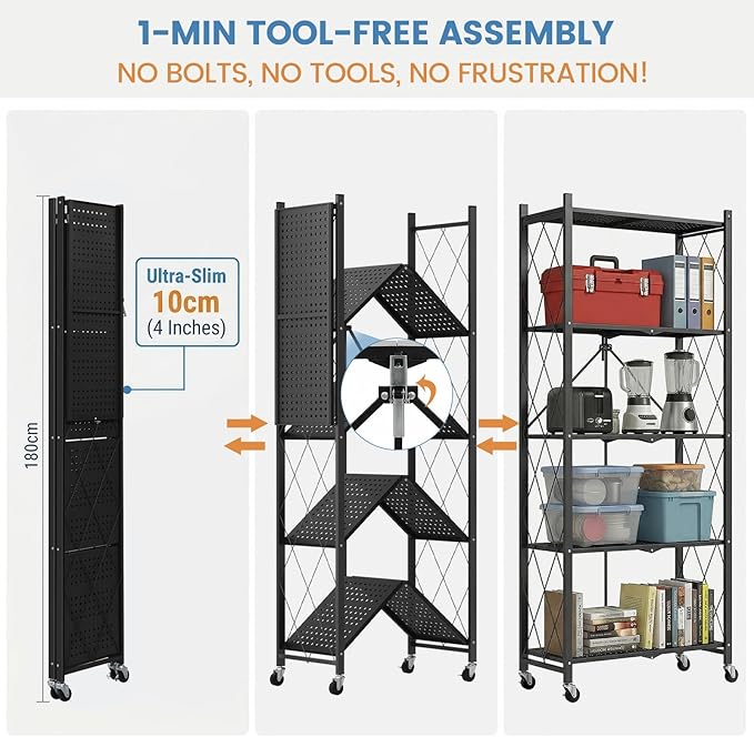 ALANNG 70.7" H Metal Storage Shelves, 5 Tier Folding Shelf on Wheels | Heavy Duty, No Assembly, Rolling, Collapsible Rack Unit for Kitchen, Basement, Pantry (Black,1 Pack)