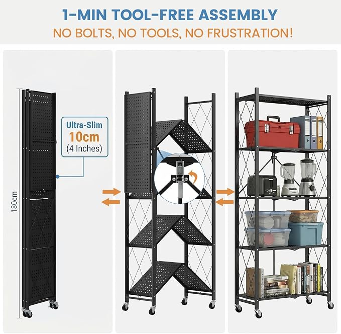 ALANNG 70.7" H Metal Storage Shelves, 5 Tier Folding Shelf on Wheels | Heavy Duty, No Assembly, Rolling, Collapsible Rack Unit for Kitchen, Basement, Pantry (Black,4 Pack)