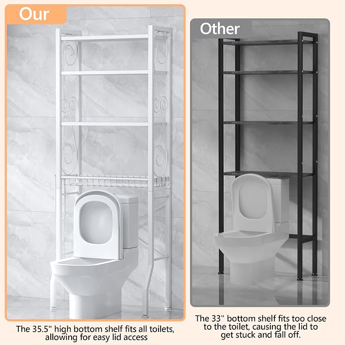 Aduanbang 4 Tier Over The Toilet Storage Rack, Bathroom Organizer Shelf with Basket, Adjustable Shelves, Freestanding Space Saver for Small Bathrooms (White)