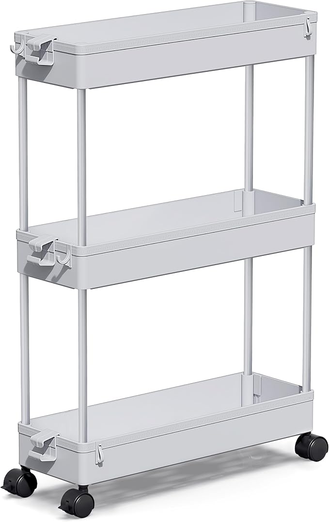 SPACEKEEPER Slim Rolling Storage Cart, 3 Tier Storage Organizer Laundry Room Organizer Mobile Shelving Unit, Multi-Purpose for Kitchen Office Bathroom Laundry Narrow Places, Gray