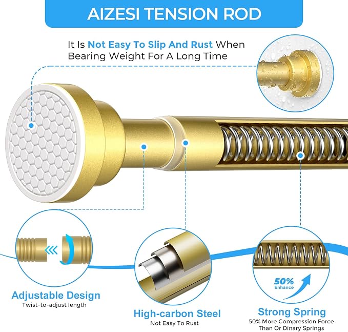 AIZESI Spring Tension Curtain Rod No Drilling 45 to 77 Inch, 7/8" Diameter, Gold Adjustable Shower Curtain Rods for Window Bathroom, Doorway, Closet & Kitchen
