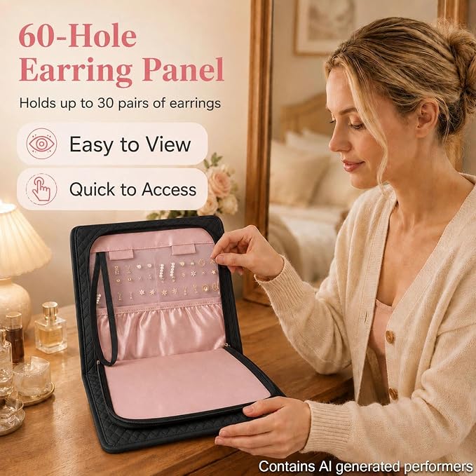 Double Sided Hanging Jewelry Organizer for Closet Door, Black,Travel Closet | hanging jewelry organizer keeps earrings, rings, necklaces, and bracelets visible in a closet or travel bag.