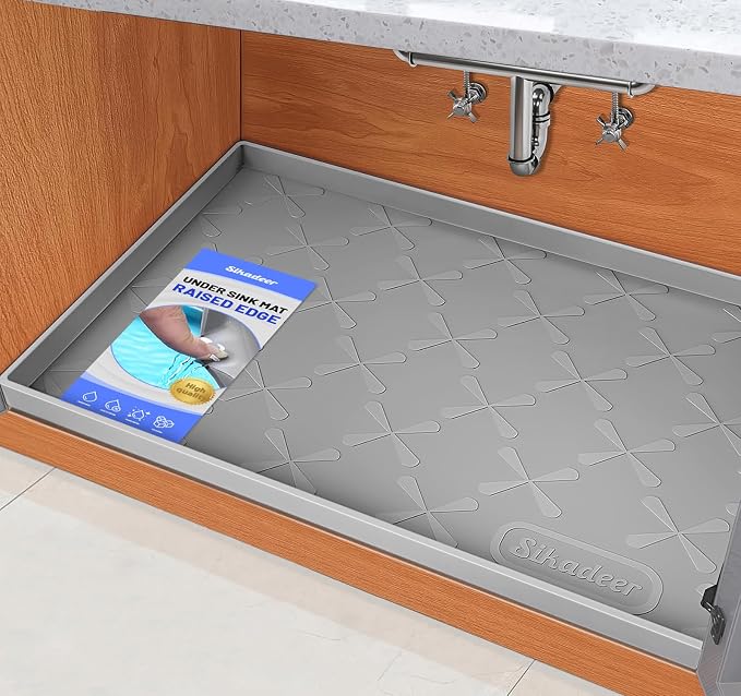 SIKADEER Waterproof Under Sink Mat 22x19, Raised Edge Silicone Mat Under Sink Shelf Liner, Sink Protector Kitchen Cabinet Tray for Bathroom Vanity and Small Cabinets, Cat Food Mat