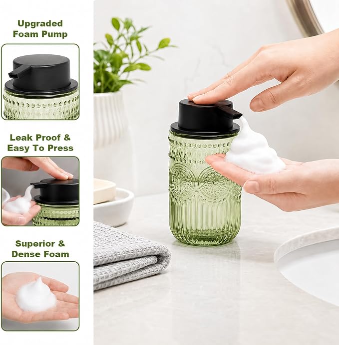 Glass Foaming Hand Soap Dispenser, Kitchen Foaming Dish Soap Dispenser | 13.8 oz Refillable Foam Soap Dispenser with Black Pump for Home Decor Set of 2