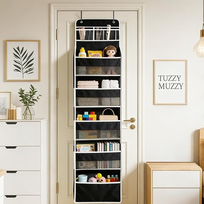 Over the Door Organizer, Door Storage Organizer with Large Capacity Pockets, Hanging Shelves for Bedroom, Closet, Dorm, Pantry (Black, 4-Tier)