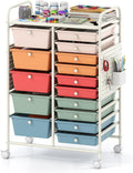 Giantex 15 Drawer Storage Cart, Rolling Craft Cart with Metal Tabletop & Pegboard, Mobile Utility Organizer Trolley with Locking Wheels, Home Office, Classroom, Teacher Supplies, Macaron Multicolor