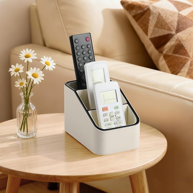 3 Compartments PU Leather Remote Control Holder, TV Remote Holder for Couch | Small Pen Desk Organizer for Office Bedside Living Room, Remote Caddy Nightstand Organizer