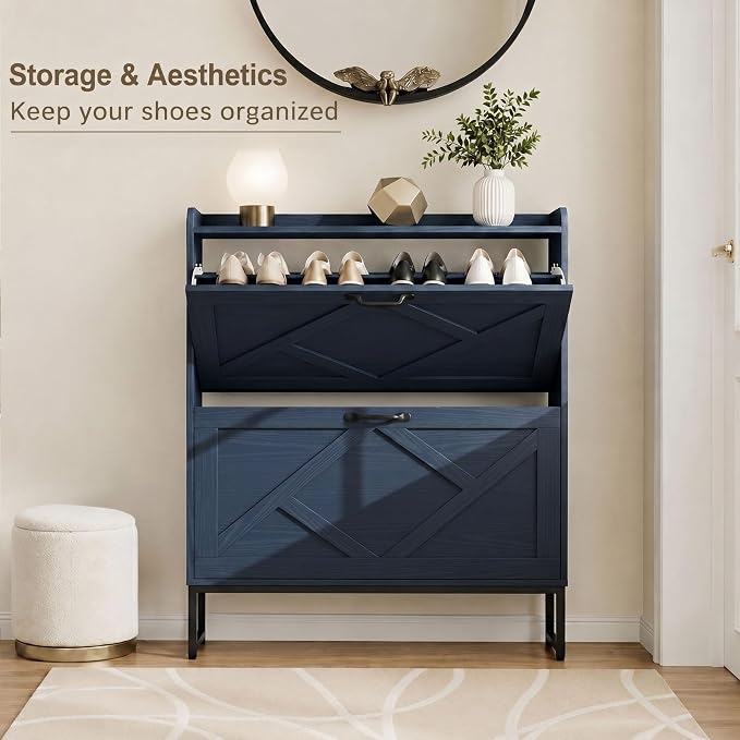 Nicetree Shoe Cabinet Storage for Entryway, Slim Shoe Storage Cabient with 2 Flip Drawers, Narrow Vertical Shoe Rack Cabinet with Metal Hooks, Small Space Solution for Hallway, Blue