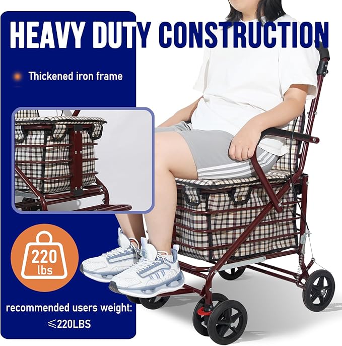 Foldable Shopping Cart with Seat, All-Terrain Wheels, 220 lbs Capacity, Comfortable Thickened Cushion, Easy to Fold and Store, FitS 59-72 Inches, 220lbs, Red