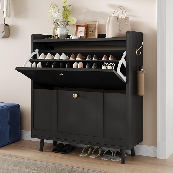 iPormis Shoe Cabinet with 2 Flip Drawers, Slim Shoe Storage Cabinet for Entryway, Narrow Shoe Organizer with Top Shelf, Side Hooks and Metal Legs, Hidden Shoe Rack for Hallway, Black