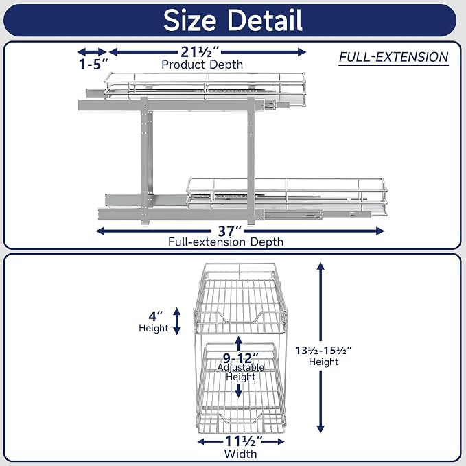 2-Tier Pull Out Cabinet Organizer, 11.5" W x 21.5" D, Heavy Duty Dual Slide Out Shelves for Narrow Base Cabinets, Chrome Wire Basket Drawer for Spices, Bottles & Snacks